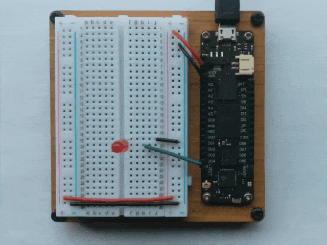 Video of a Meadow board connected to a single red LED blinking as it is controlled by pulse-width modulation.