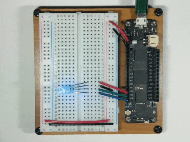 Video of a Meadow board connected to a single RGB LED blinking through colors as it is controlled by pulse-width modulation.