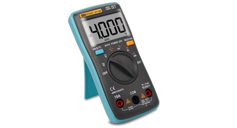 Photo of a pocket-sized starter multimeter from Amazon with a rear kick stand to sit vertically.