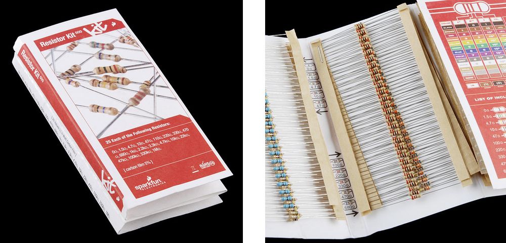 Pair of photos of a SparkFun-branded resistor kit, showing several strips of axial resistors grouped by value and taped together on the ends.