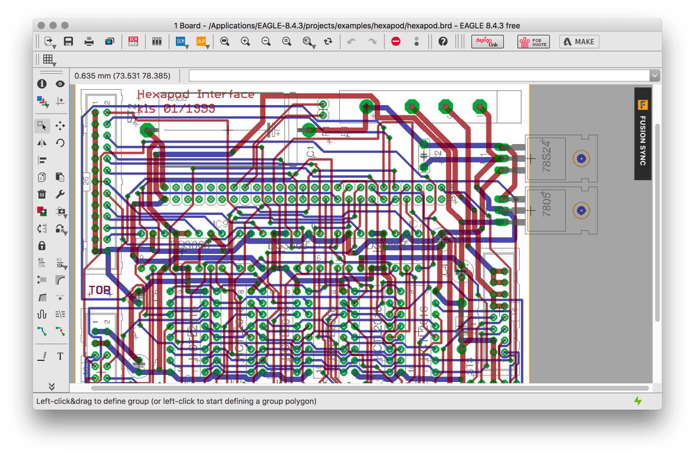 Screenshot of Eagle CAD software showing a sample PCB editor view with overlapping traces of various thicknesses, represented by different colors.
