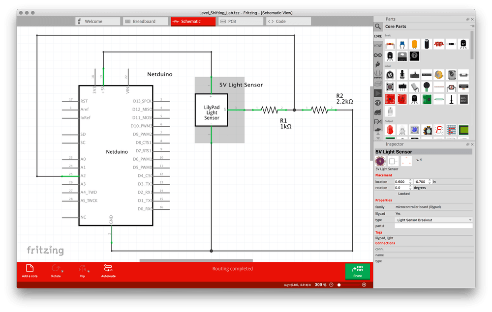 Screenshot of the Fritzing software showing a Netduino sample schematic view where components are represented as boxes with input and output pins.