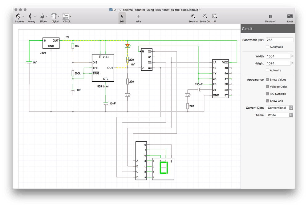 Screenshot of iCircuit showing a sample simulation schematic of driving a 7-segment LED from a 5-5-5 timer.