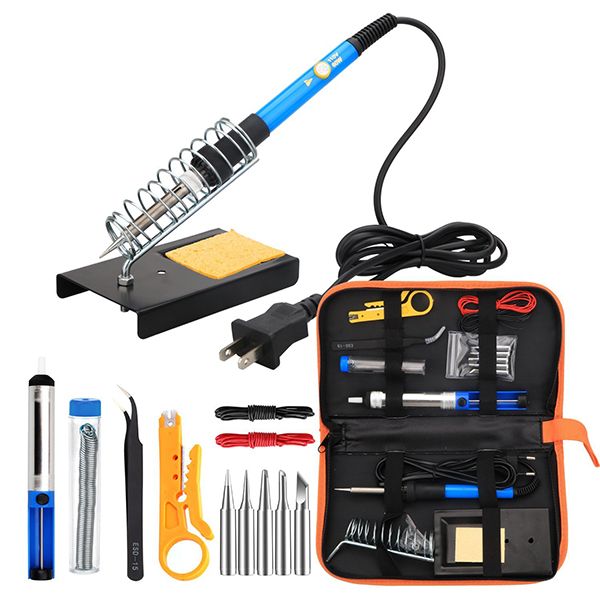 Photo of a soldering iron kit showing the soldering iron in a stand and several included iron tips and tools: desoldering pump, solder, tweezers, and wire strippers.