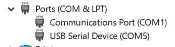Screenshot of Device Manager Ports section expanded showing the Meadow as USB Serial Device on port COM5.