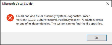 Screenshot of Visual Studio error for not-found System.Diagnostics.Tracer assembly.