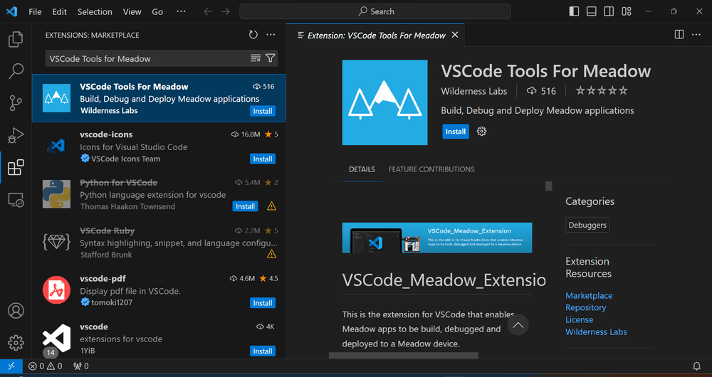 Visual Studio Code Extensions marketplace showing the VSCode Tools for Meadow extension in search results.