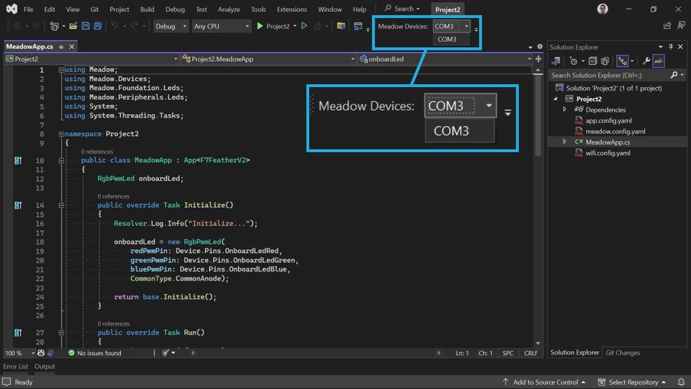 Visual Studio 2022 Extension Meadow Devices Toolbar