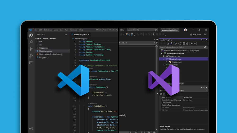 Computer with a Meadow application loaded in both Visual Studio Code and Visual Studio 2022, side-by-side.