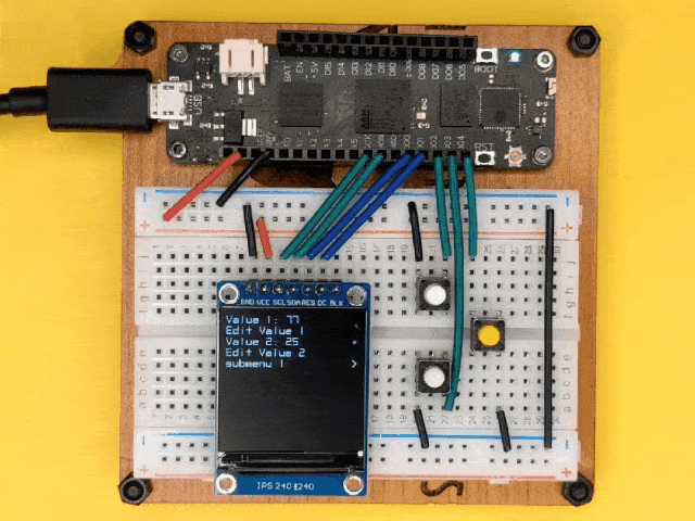 Video showing menu navigation of the TFT display via three buttons, as connected according to the circuit diagram on this page.