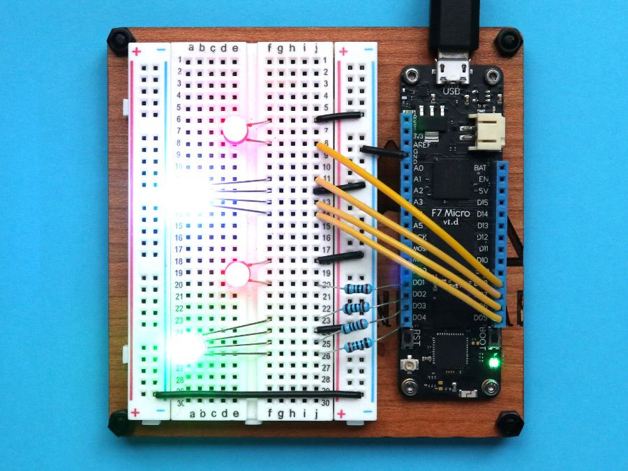 Photo of Meadow board connected to several LEDs.
