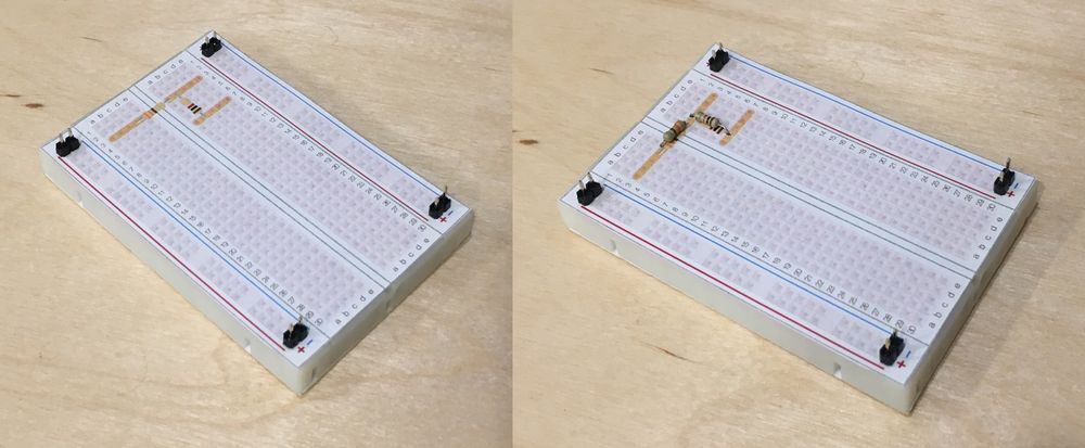 Photo of breadboards with component layout overlays to show the underlying copper traces.