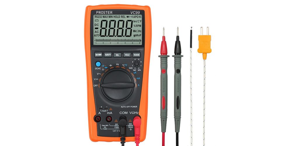 Photo of a mid-level multimeter with more mode options and function buttons as well as different probe options.