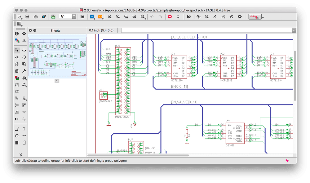 Screenshot of Eagle CAD software showing a sample schematics view.