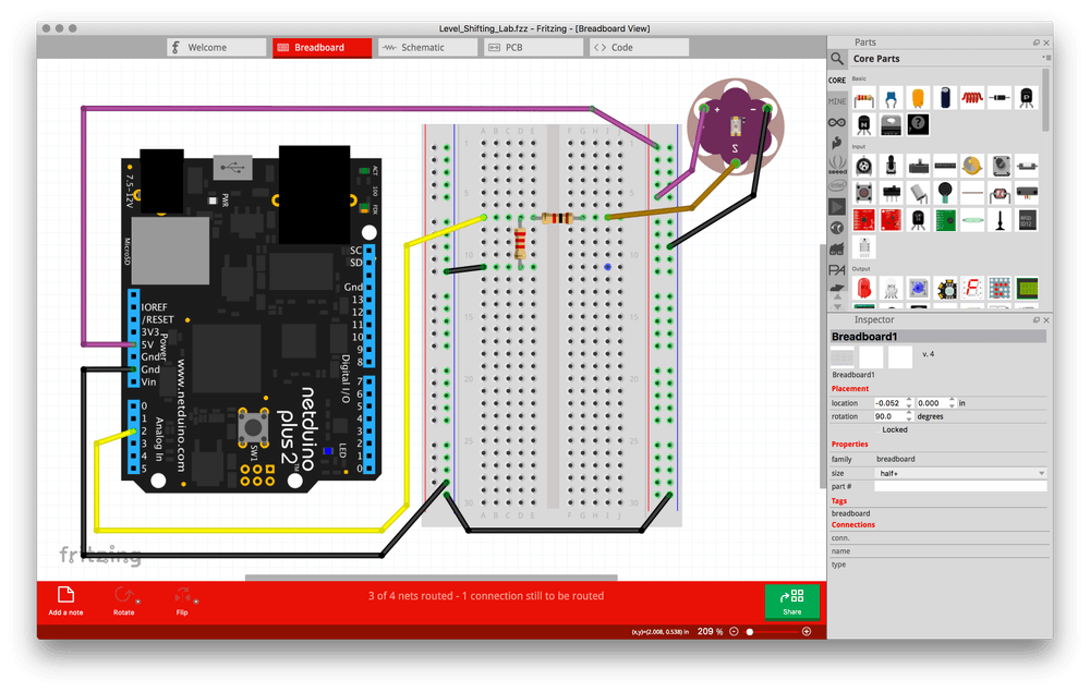 Screenshot of the Fritzing software showing a Netduino sample breadboard view where components are represented as visual components connected to each other as you would build them.