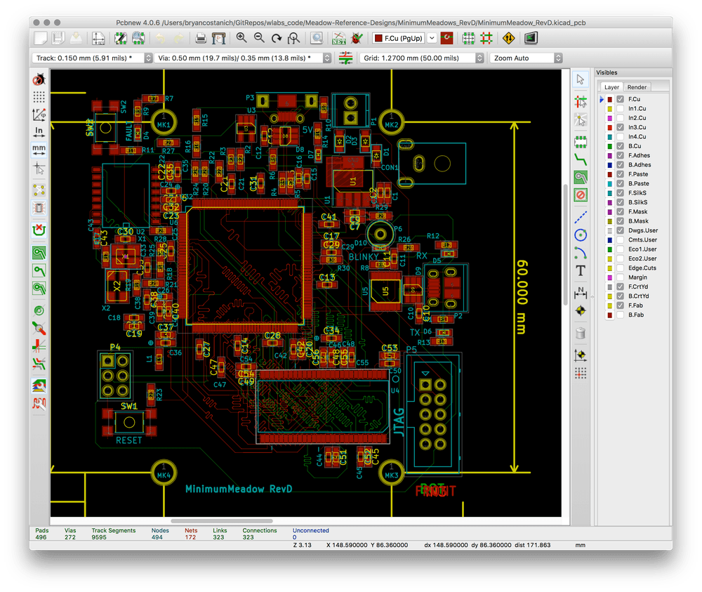 Screenshot of KiCad showing a sample PCB editor view.