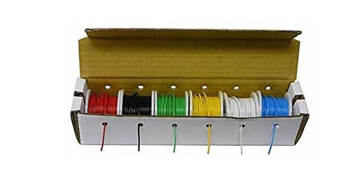 Photo of a 22-gauge wire kit: a cardboard box with several spools of wire in various colors, each poking through a dispensing hole in the box.