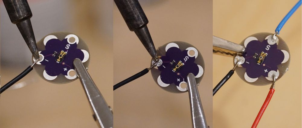 Photo progression of soldering a sensor PCB: first holding the soldering iron to the wire connection, then applying solder to the heated joint, then the final sensor with three wires soldered in place.