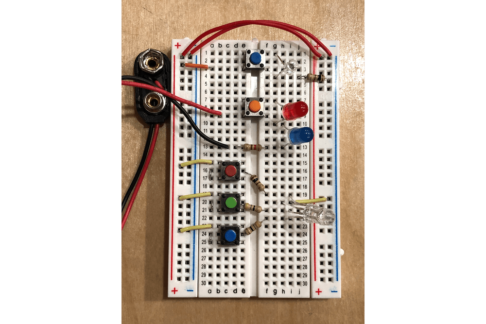 Photo of a breadboard implementing exercises 1, 2, and 3.
