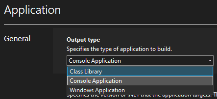 Visual Studio project properties showing the output type selection with Class Library selected.