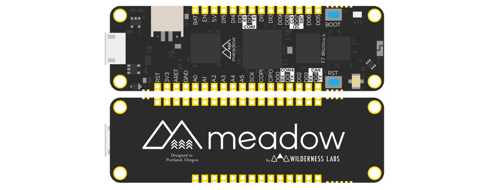 Rendering of the top and bottom of the Meadow F7 Development Module showing all components on the top for surface mounting and the Meadow and Wilderness Labs logos screened on the bottom.