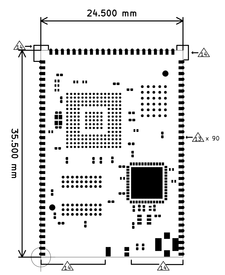 Dimensions diagram for F7v2 Core-Compute Module. The board is 35.5 millimeters long and 24.5 millimeters wide.